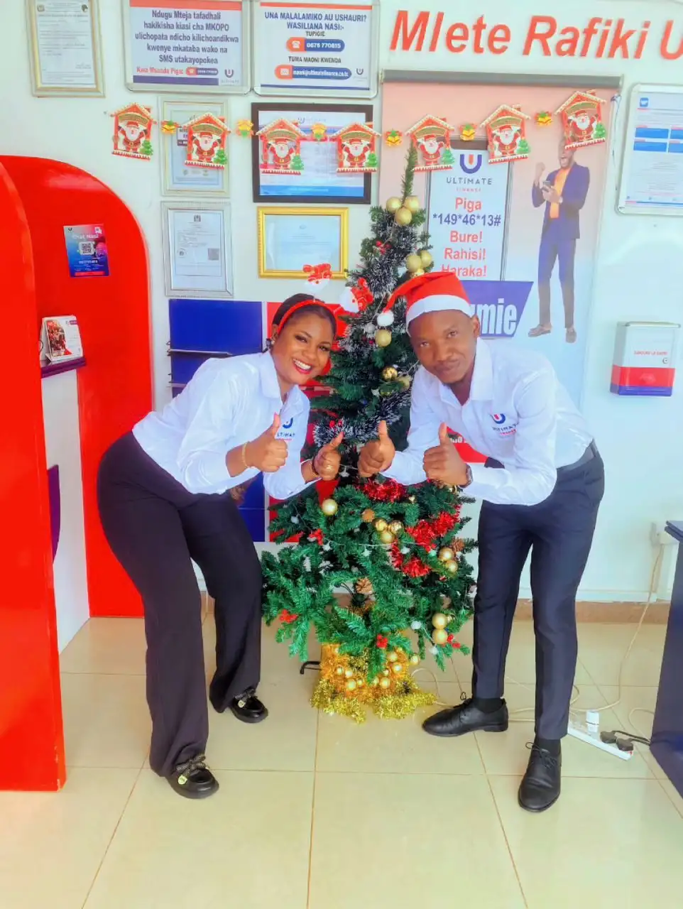 Two members of staff in Christmas hats leaning in from either side of a decorated Christmas tree in a branch