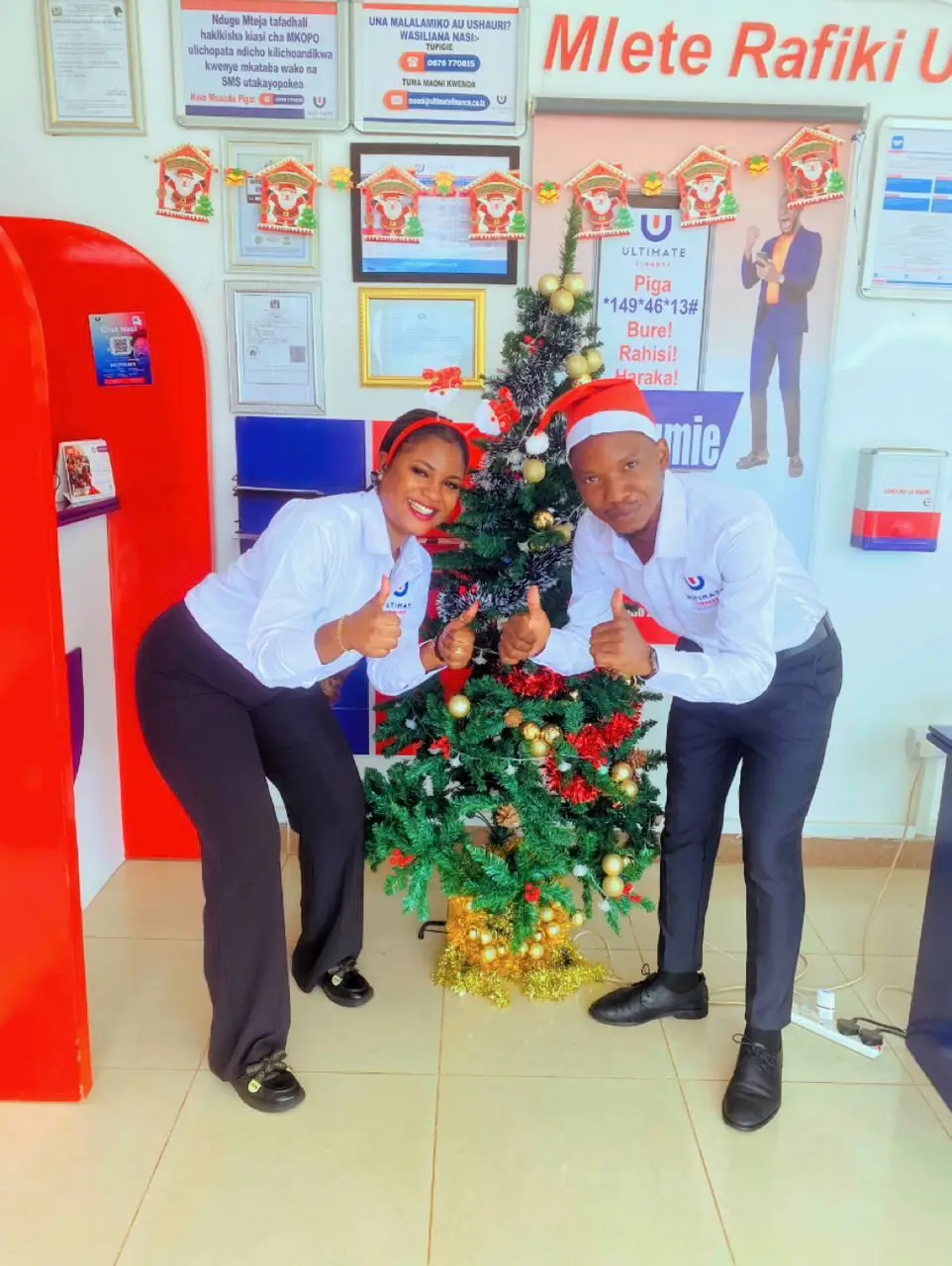 Two members of staff in Christmas hats leaning in from either side of a decorated Christmas tree in a branch